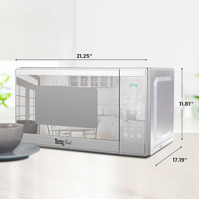 Total Chef 1.3 Cu Ft Microwave Oven – Compact Countertop Microwave, Small Stainless Steel Kitchen Appliance with Digital Touch, Pre-Set Functions, 12.8” Turntable, 1100 Watt, Microondas Pequeños
