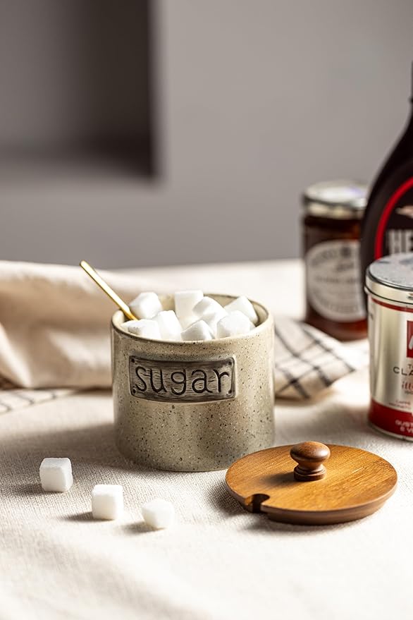 LYEOBOH 15OZ Sugar Bowl, Sugar Dish, Rustic Sugar Container with Wood Lid and Spoon for Coffee Bar, Dishwasher Safe, Stainless Steel Spoon - Farmhouse Kitchen Decor Housewarming Gift, Beige