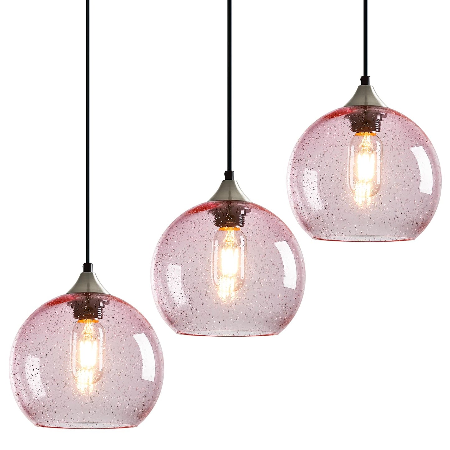 Lbsqj Pink Glass Pendant Lights Kitchen Island Lighting Globe Pendant Light Fixtures Modern Pendant Lighting For Bedroom Living Dining Room Light Fixture (7.87 In  3 Pack)