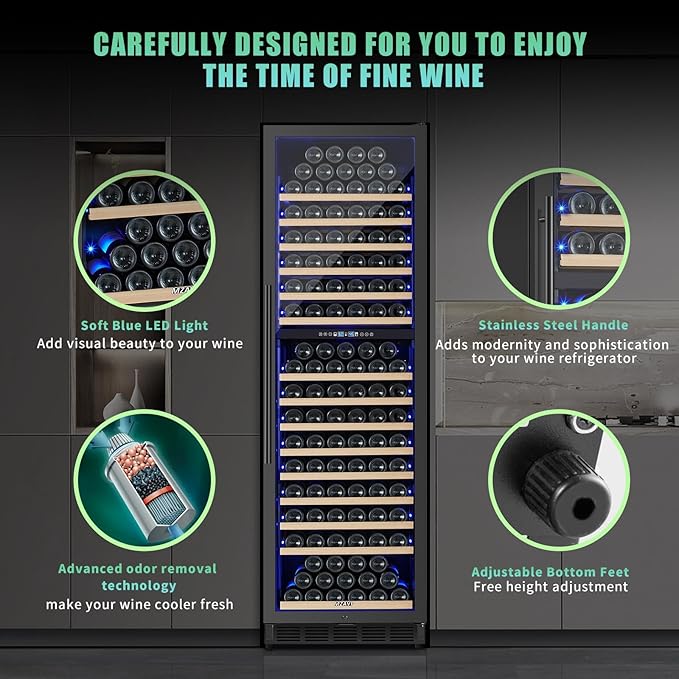 200 Bottle Dual Zone Wine Fridge，24 Inch Large Capacity Wine Refrigerator Freestanding or Built-In, Wine Cooler with Upgraded Compressor, Intelligent Temperature Memory, Low Noise and Fast Cooling