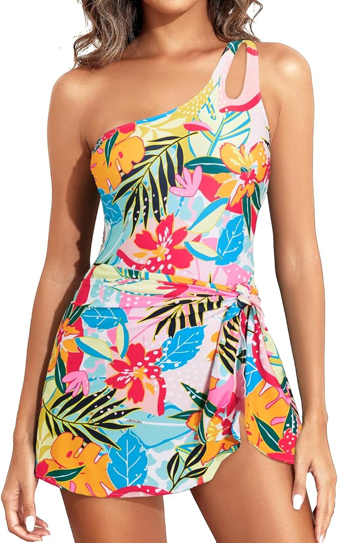 One Piece Swim Dress for Women - One Shoulder Tummy Control Swimsuit with Skirt 2025 Skirted Bathing Suit Swimdress