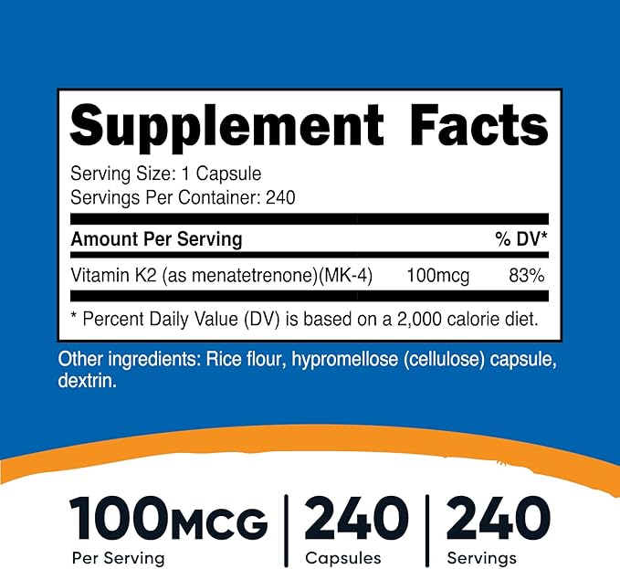 Nutricost Vitamin K2 (MK4) 240 Capsules (100mcg) - Gluten Free and Non-GMO