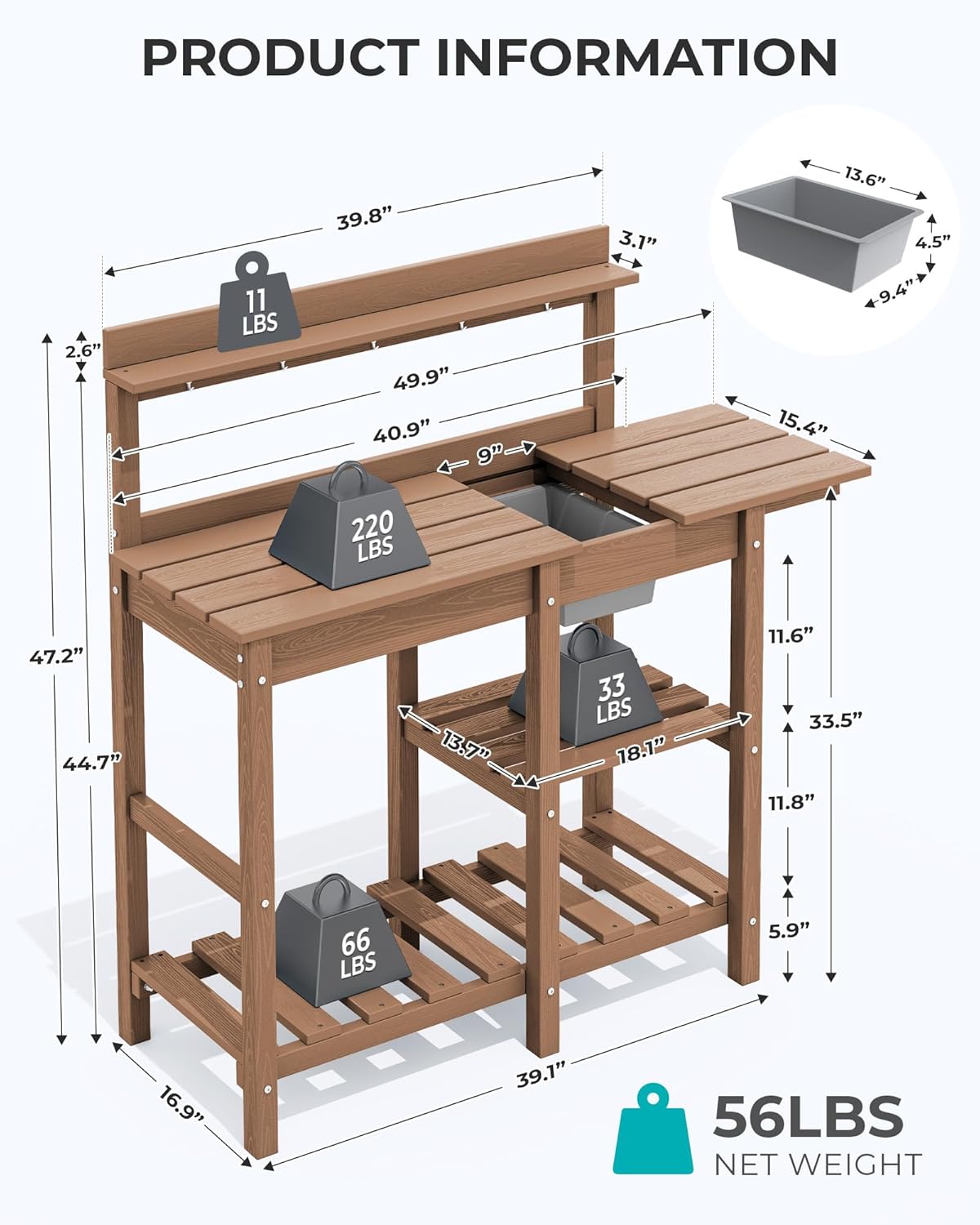 SERWALL Potting Bench Set of 2 Outdoor Potting Table with Sink, HDPE Potting Benches for Outside Gardening Table All Weather Use- Brown