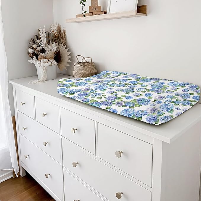 Blue Hydrangea Floral Changing Pad Covers Watercolor Flowers Painting Baby Changing Table Sheets for Boys Girls Wild Floral Soft Breathable Stretchy Fitted Diaper Change Table Pad Mats 32''x16''