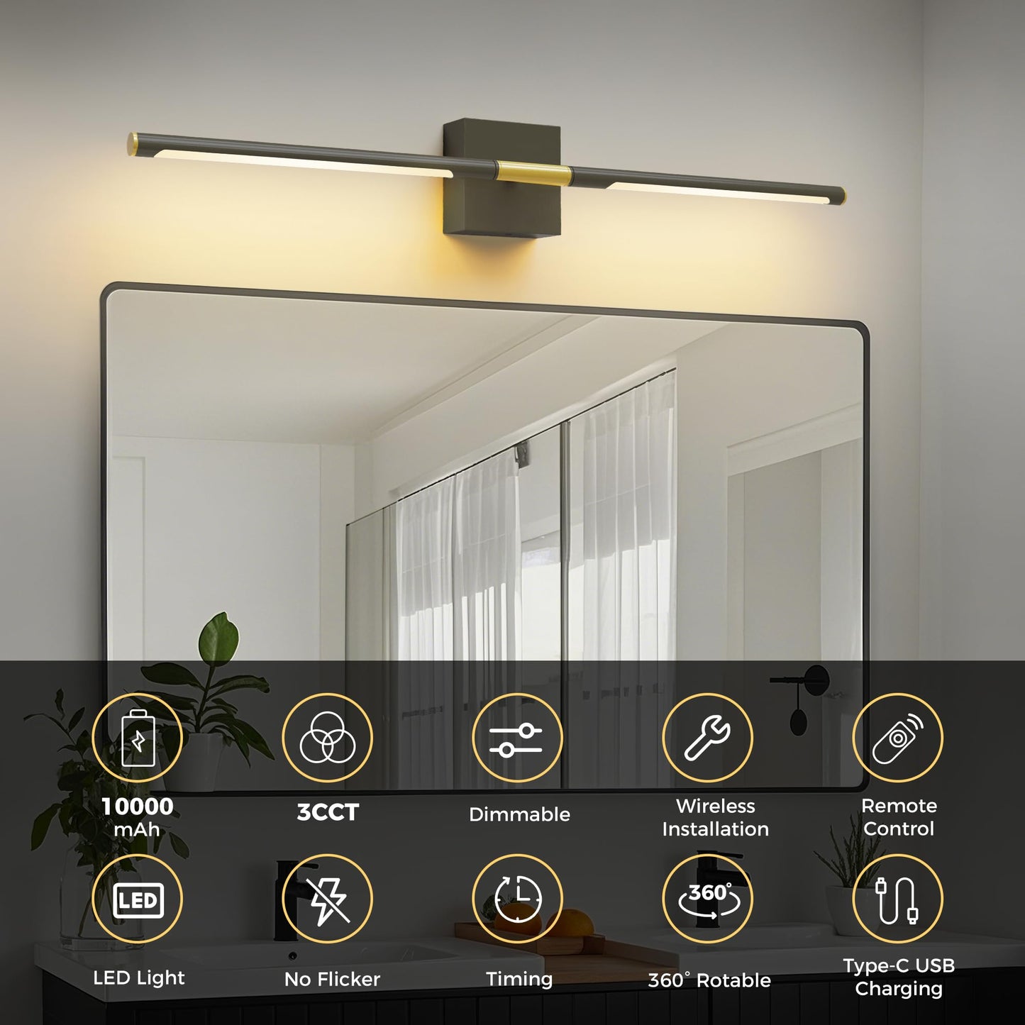 L LOHAS LED Wall Sconces Set of 2, 28.1in, Black and Gold, Rechargeable, 10000mAh, 3CCT Wireless Lighting for Bedroom and