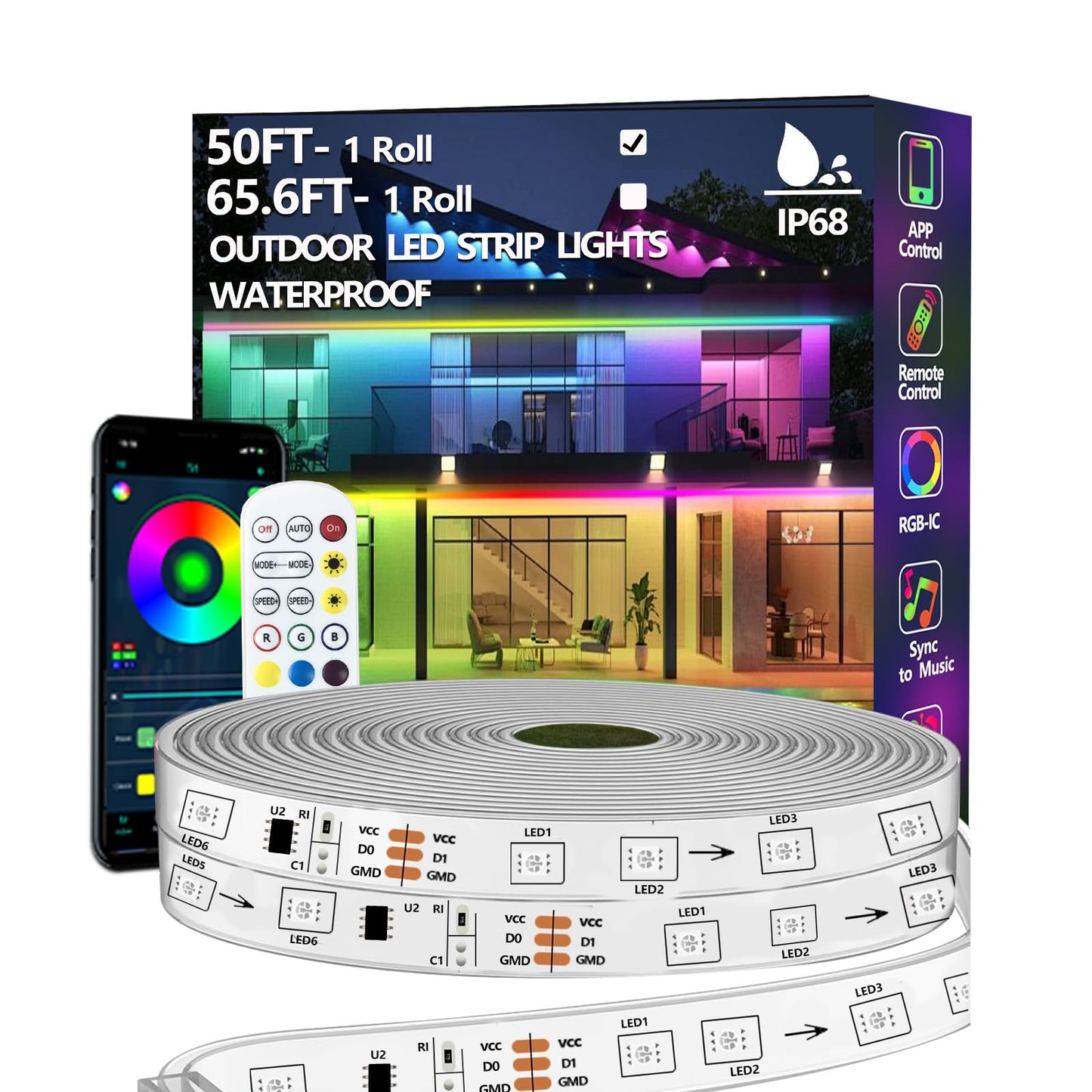 httpsmp 50FT Outdoor LED Strip Light, IP68 Waterproof, RGB+IC, App/Remote Control, Music Sync, for Garden, Deck, Pool