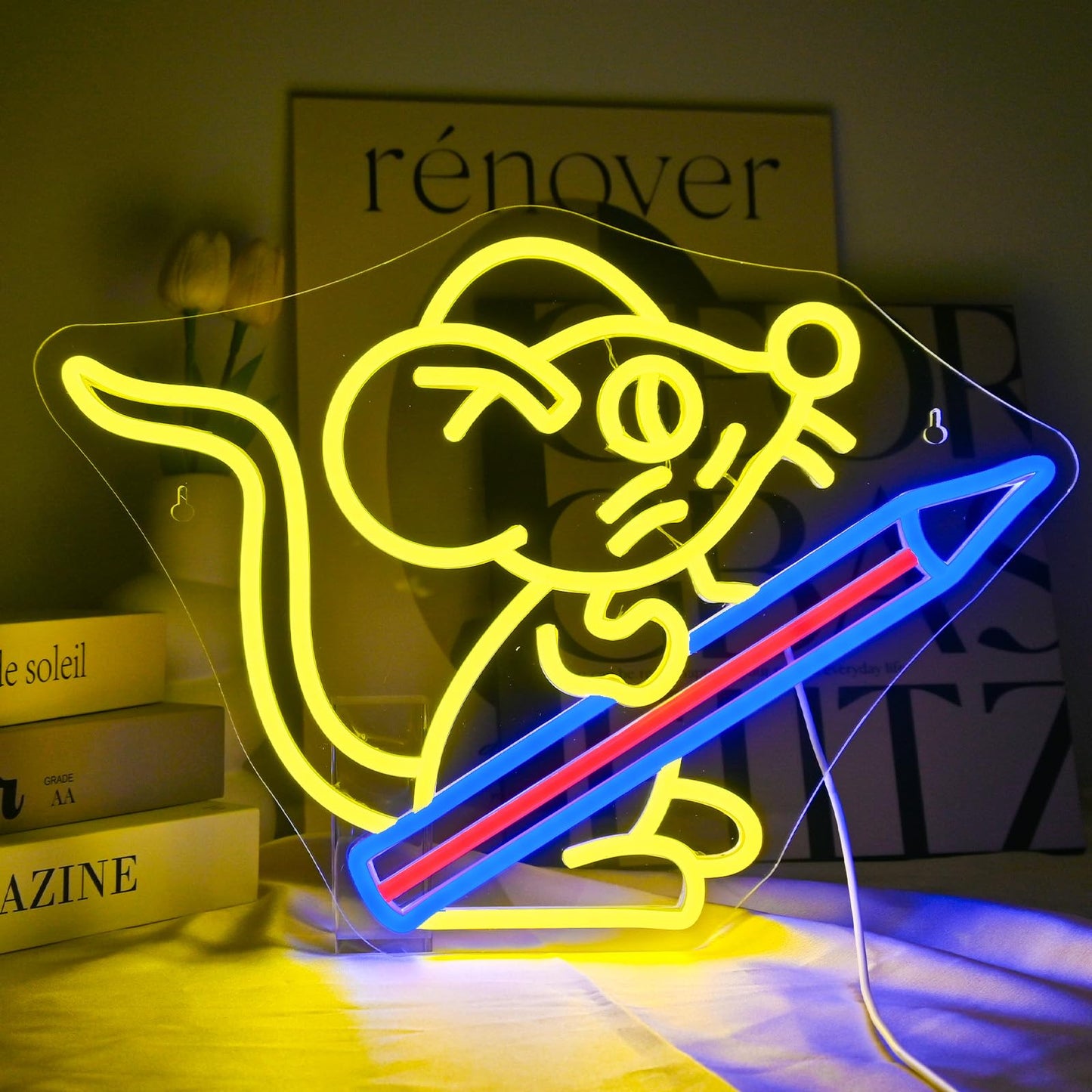 NXYX Pencil Neon Sign for Wall Decor Pencil Mouse School Neon Light Back To School Gift Back To School Gift USB Powered Led Ligh
