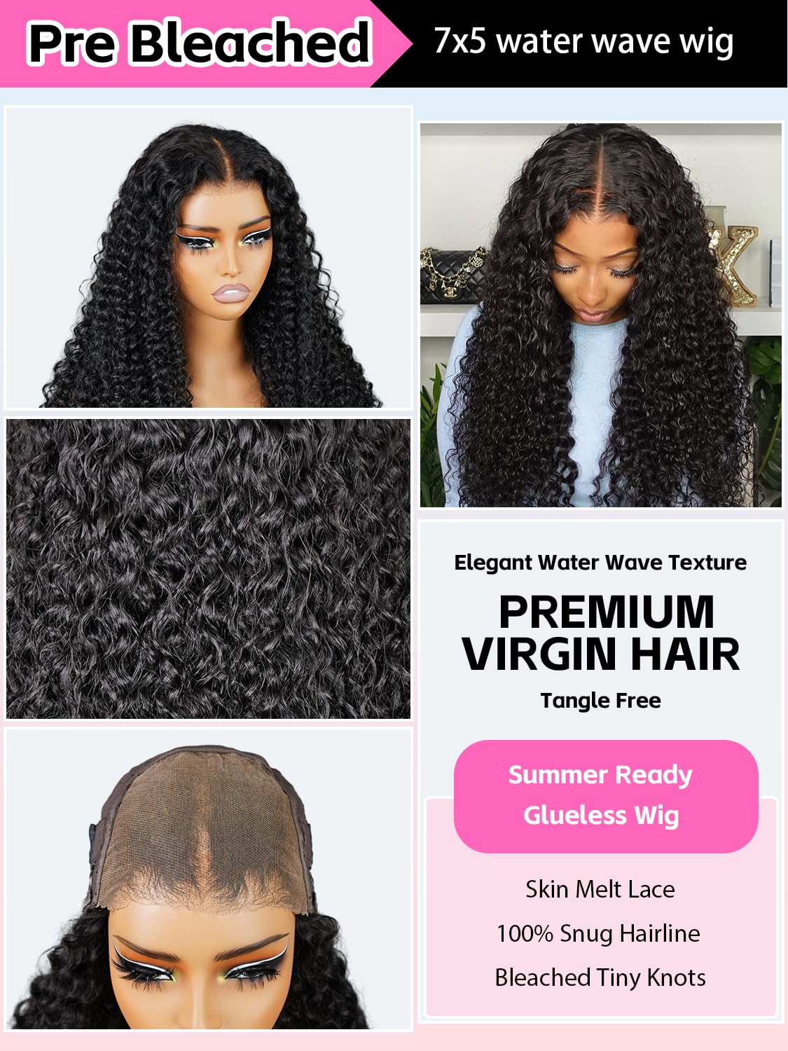Curlyme Water Wave Wear Go Wig Pre Bleached Tiny Knots Transparent Lace Glueless Wig Human Hair Pre Plucked Pre Cut 7x5 Lace Clo