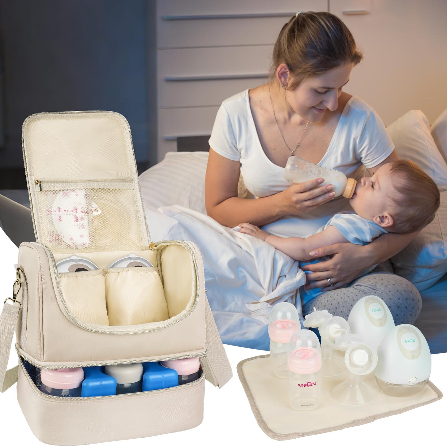 Jaffzora Wearable Breast Pump Bag with Cooler Compartment Fits for Willow/Elvie/Momcozy M5/S12 Pro/Medela, Breast Milk Travel Tote Bag with Ice Pack & Waterproof Mat,Apricot