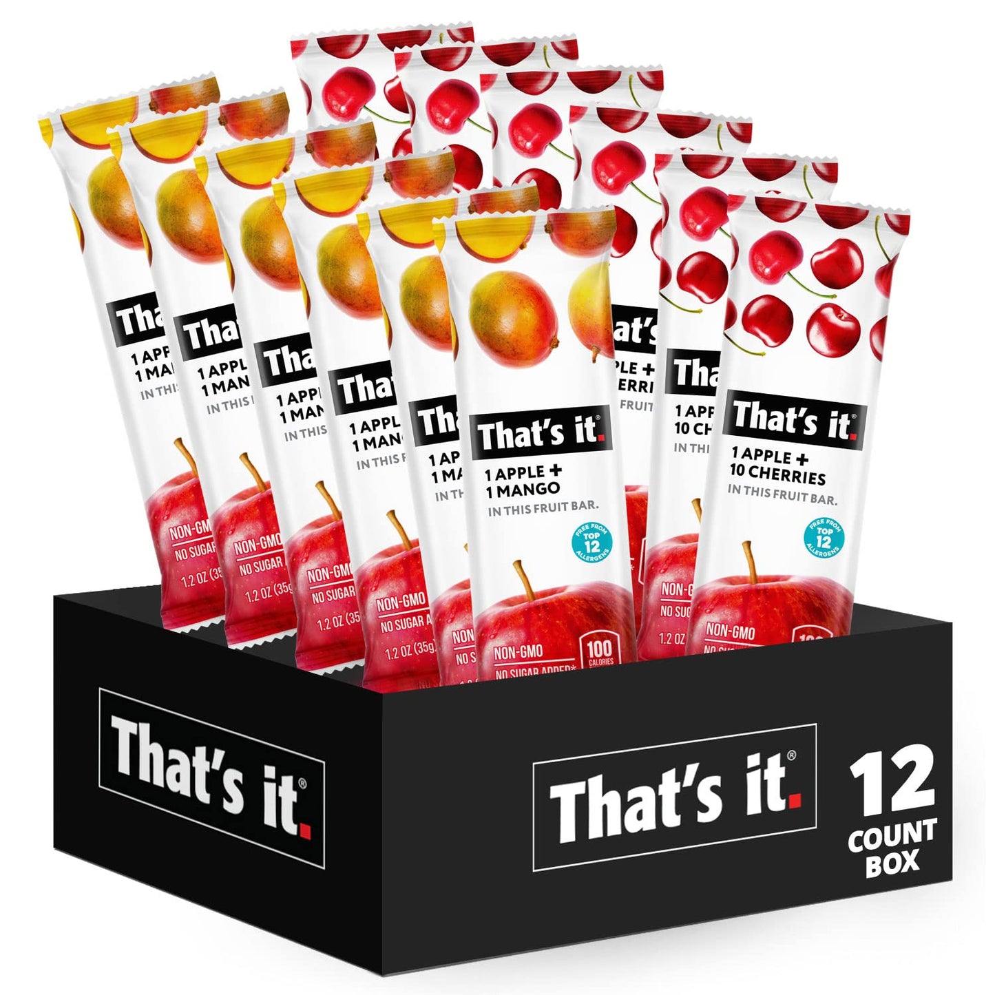 Thats it. Fruit Bars 12 Variety Pack 100% Natural Real Fruit Bar  High Fiber Vegan  Gluten Free  Paleo  Non-GMO No Sugar Added (6 Mango  6 Cherry)