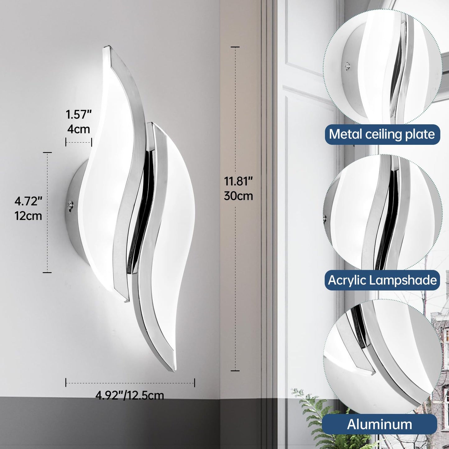 Caneoe Modern Led Wall Sconce 6000K Cold White Chrome Indoor Wall Light Fixtures Acrylic Wall Sconce Lighting For Living Room Bedroom Bedside Bathroom Hallway Stairway Wall Lamp