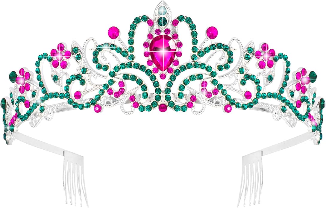 KICOSY Pink and Green Tiara Crown for Women Girls - Sparkling Rhinestone Crown Headband for Birthday Party, Halloween, Pro...