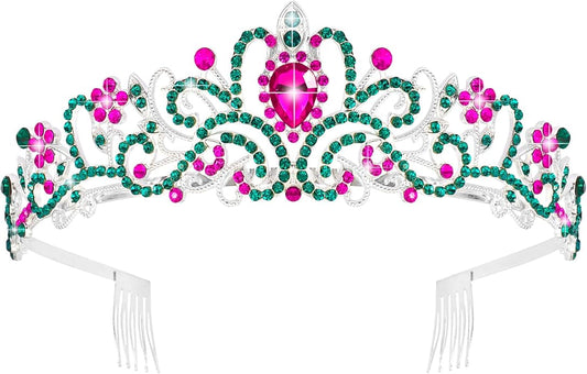 KICOSY Pink and Green Tiara Crown for Women Girls - Sparkling Rhinestone Crown Headband for Birthday Party, Halloween, Pro...