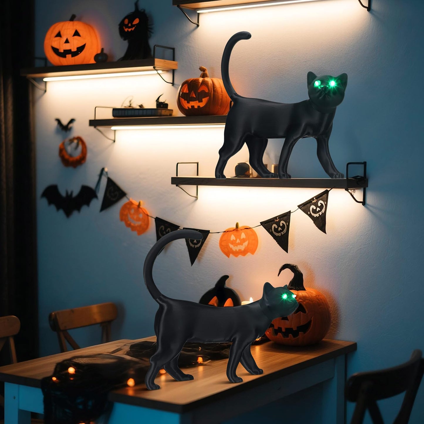 Retisee 2 Pcs Halloween Black Cat Decoration Yard Signs With Green Glowing Eyes 12 Inch Creepy Cat Figurine Animated Light For Indoor Outdoor Halloween Party Decoration Table Centerpieces Spooky Gift