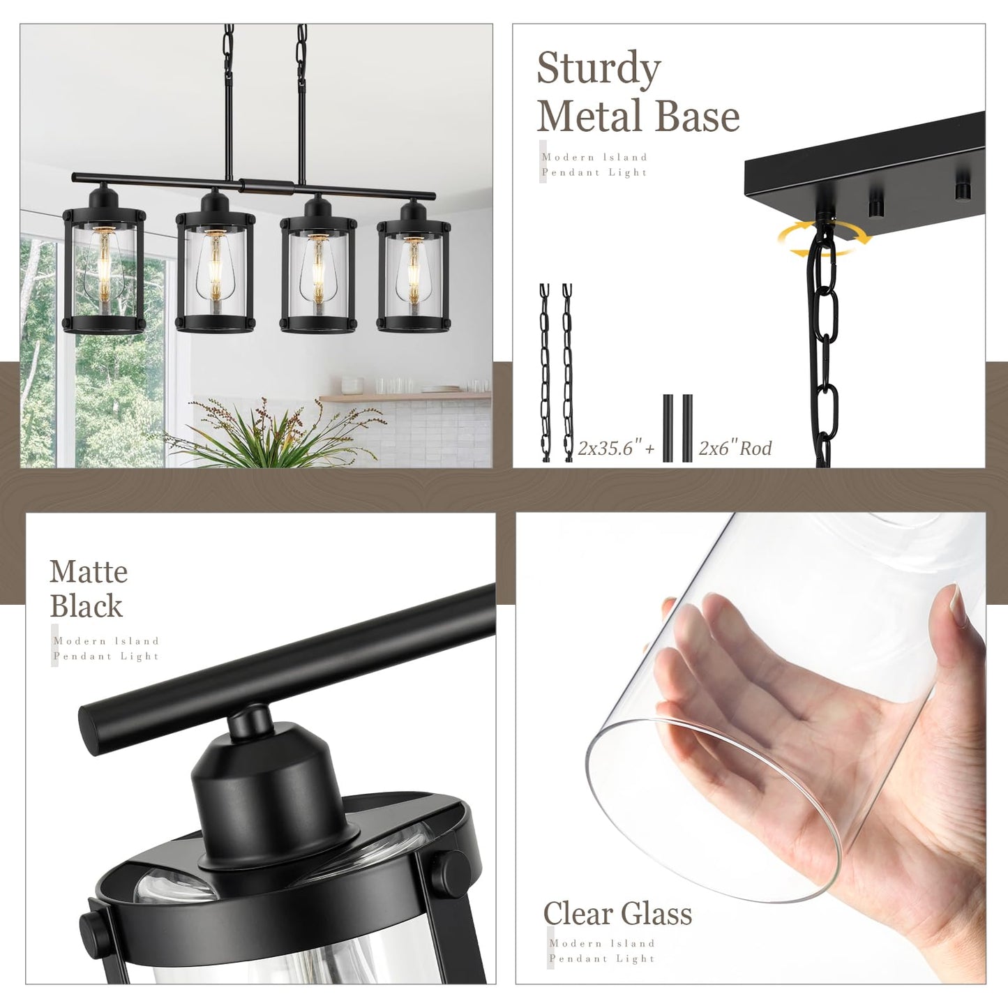 Osimir 4-Light Kitchen Island Lighting  Black Linear Dining Room Light Fixtures With Clear Glass And Chain  Modern Farmhouse Chandelier Pendant Light For Kitchen Island Dining Room  Os-3014-4Isbk