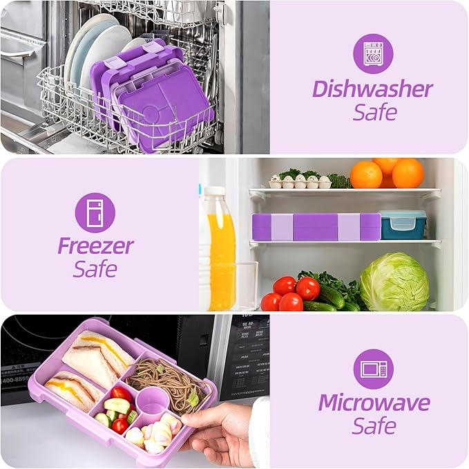 Bento Lunch Box for Kids, 6 Compartments BPA Free, Dishwasher Safe Back to School Snack Bento Lunch Containers Boxes, Ideal Portion Sizes for On-the-Go Meal, Ages 3+, School, Purple