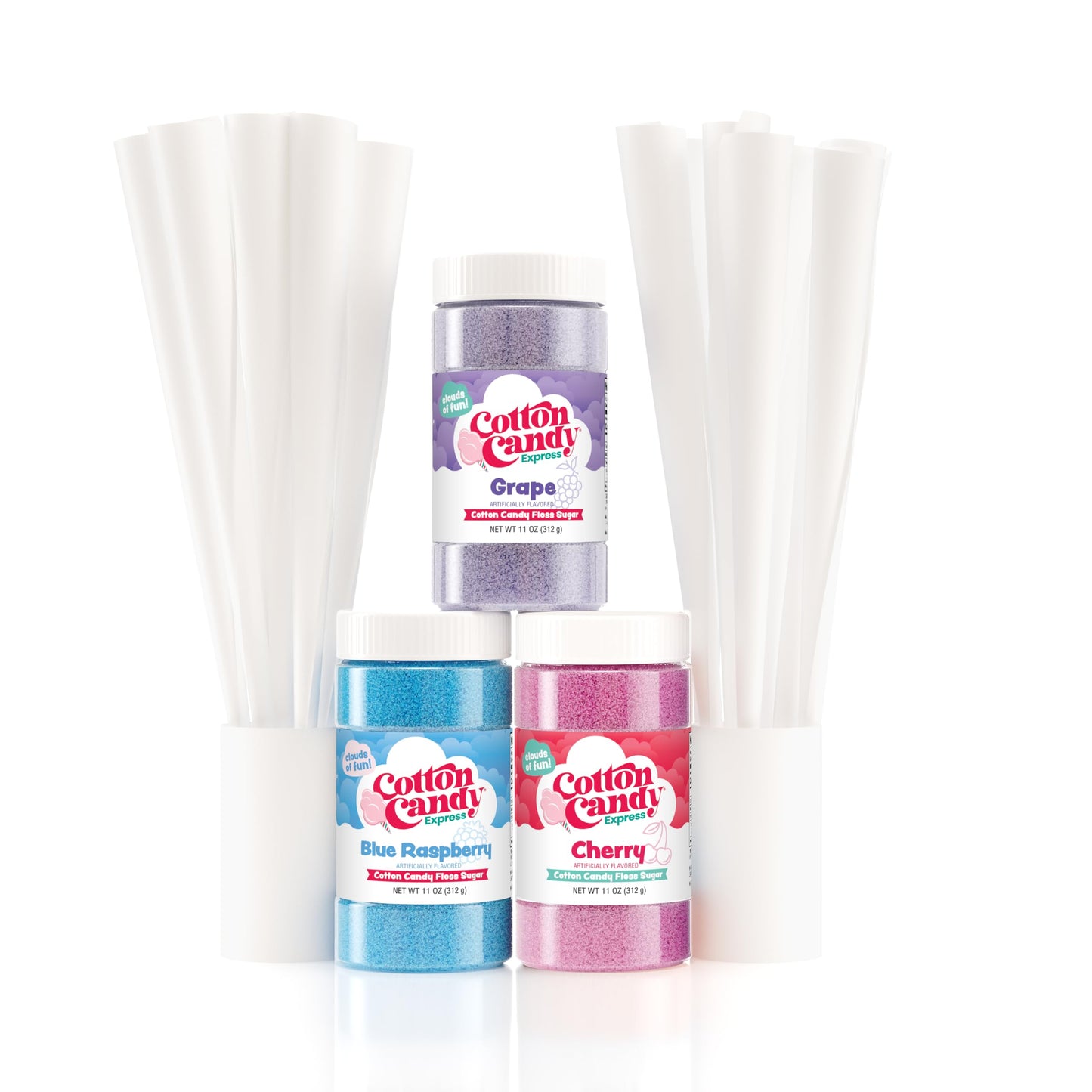 Cotton Candy Express Floss Sugar Variety Pack with 3 - 11oz Plastic Jars of Cherry, Blue Raspberry & Grape Flossing Sugars Plus