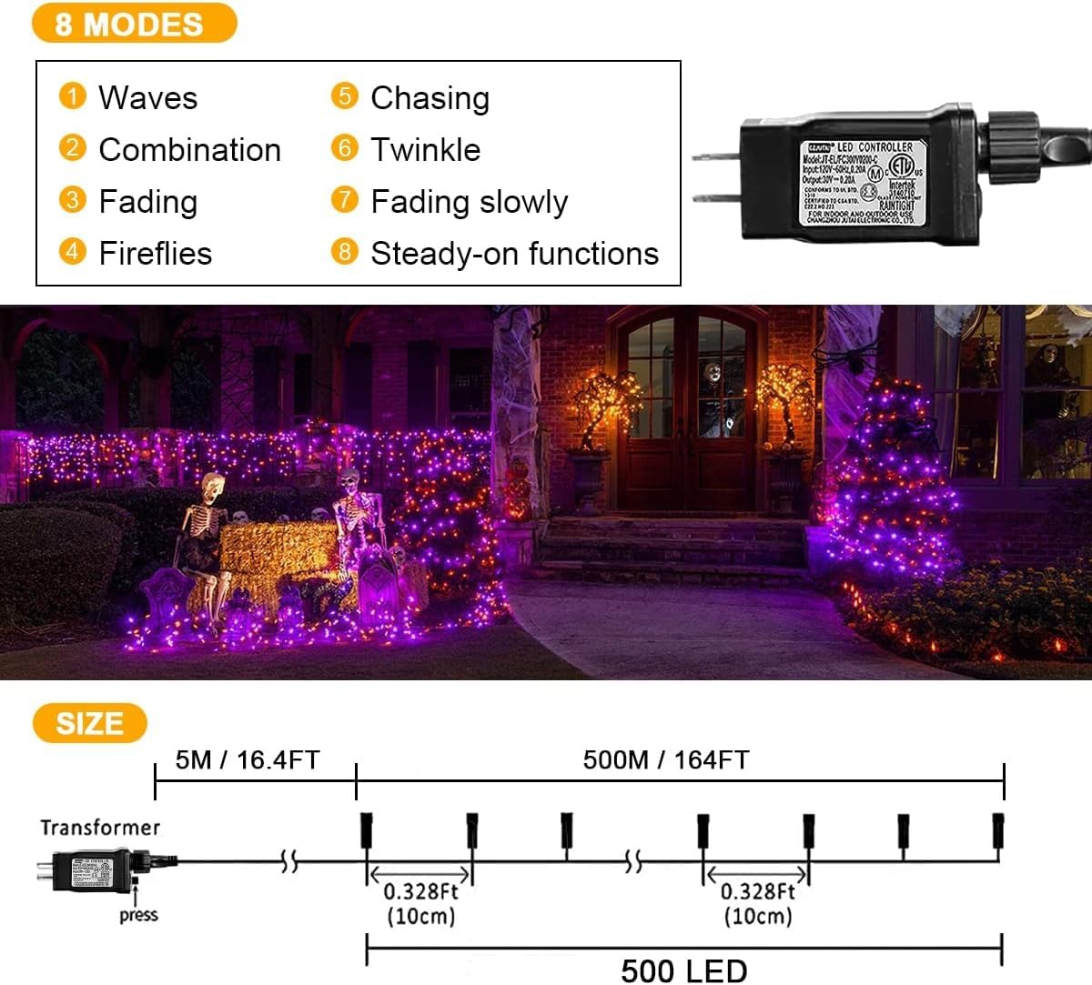 weillsnow 500 LED Halloween String Lights, 164FT, 8 Modes, Waterproof, Purple & Orange, Model HB-500COI