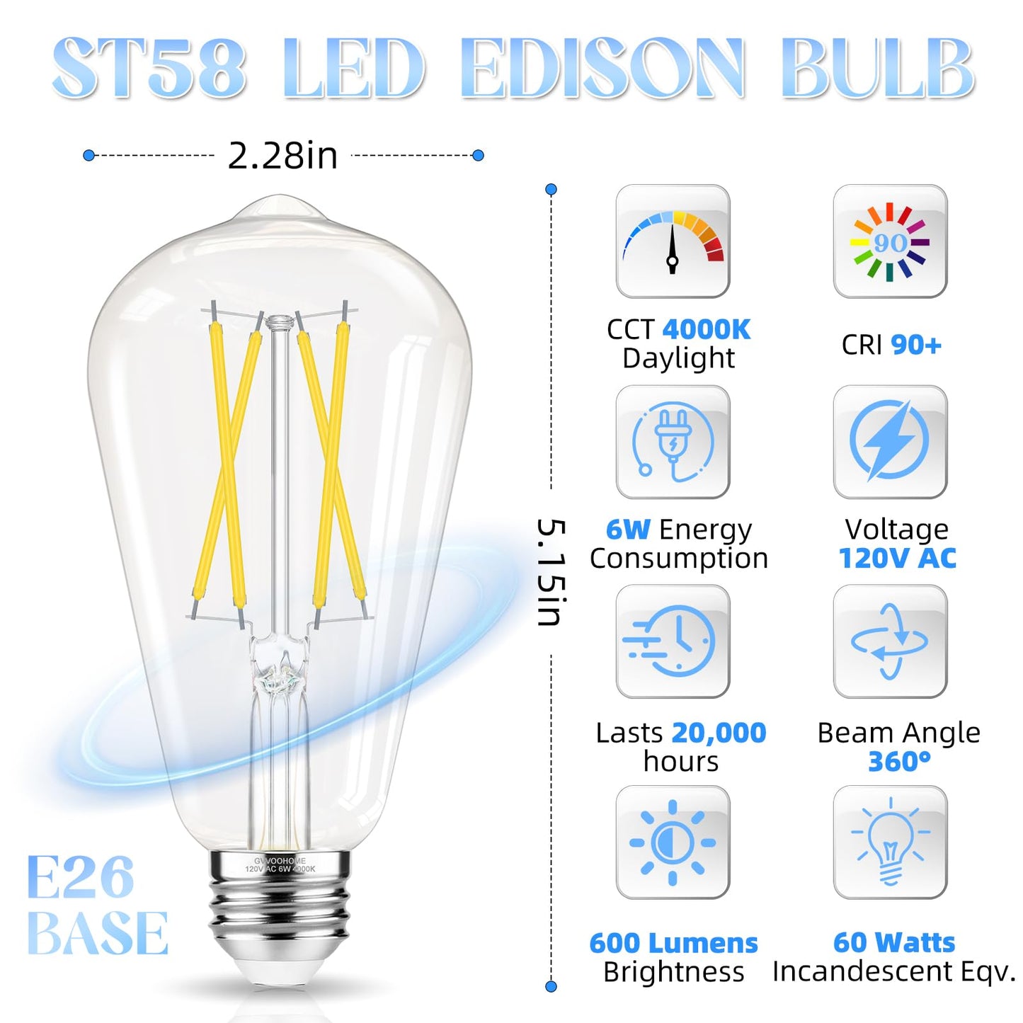 GvvooHome Edison Bulbs 60 watt Equivalent LED, E26 LED Bulb Non-Dimmable, 4000K Daylight White, ST58 Vintage Light Bulbs, 90+ CRI, 6W 600LM, E26 Medium Base, Clear Glass, 12 Pack