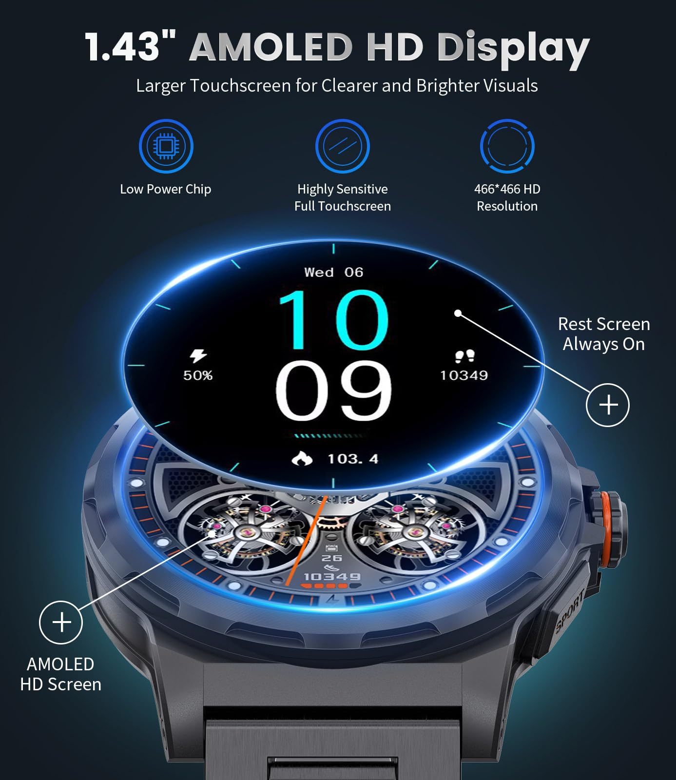 LIGE Military Smart Watch for Men(Answer/Make Call),1.43" HD AMOLED Rugged Smartwatch for iPhone Android Phone,Fitness Watch,Black Sport Watch with 120+ Sport Modes/5ATM Waterproof