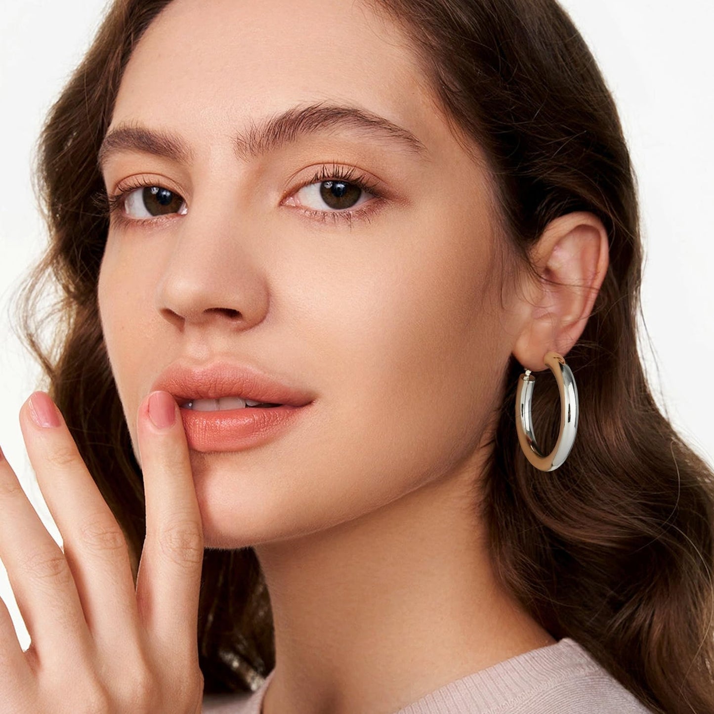 SHOWNII Chunky Silver Hoop Earrings - 14K Gold Plated Earrings for Women Hollow Tube Thick Hoops Graduation Gifts for Her
