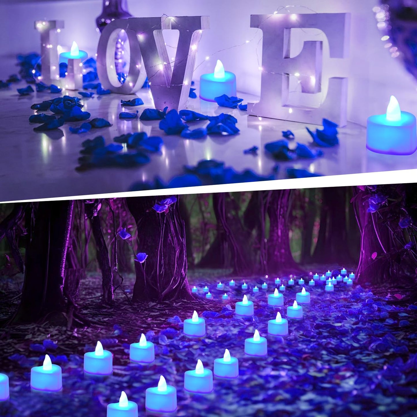 KOABY 8000pcs Blue Artificial Rose Petals with 96pcs Blue LED Tea Lights Kit, for Decor