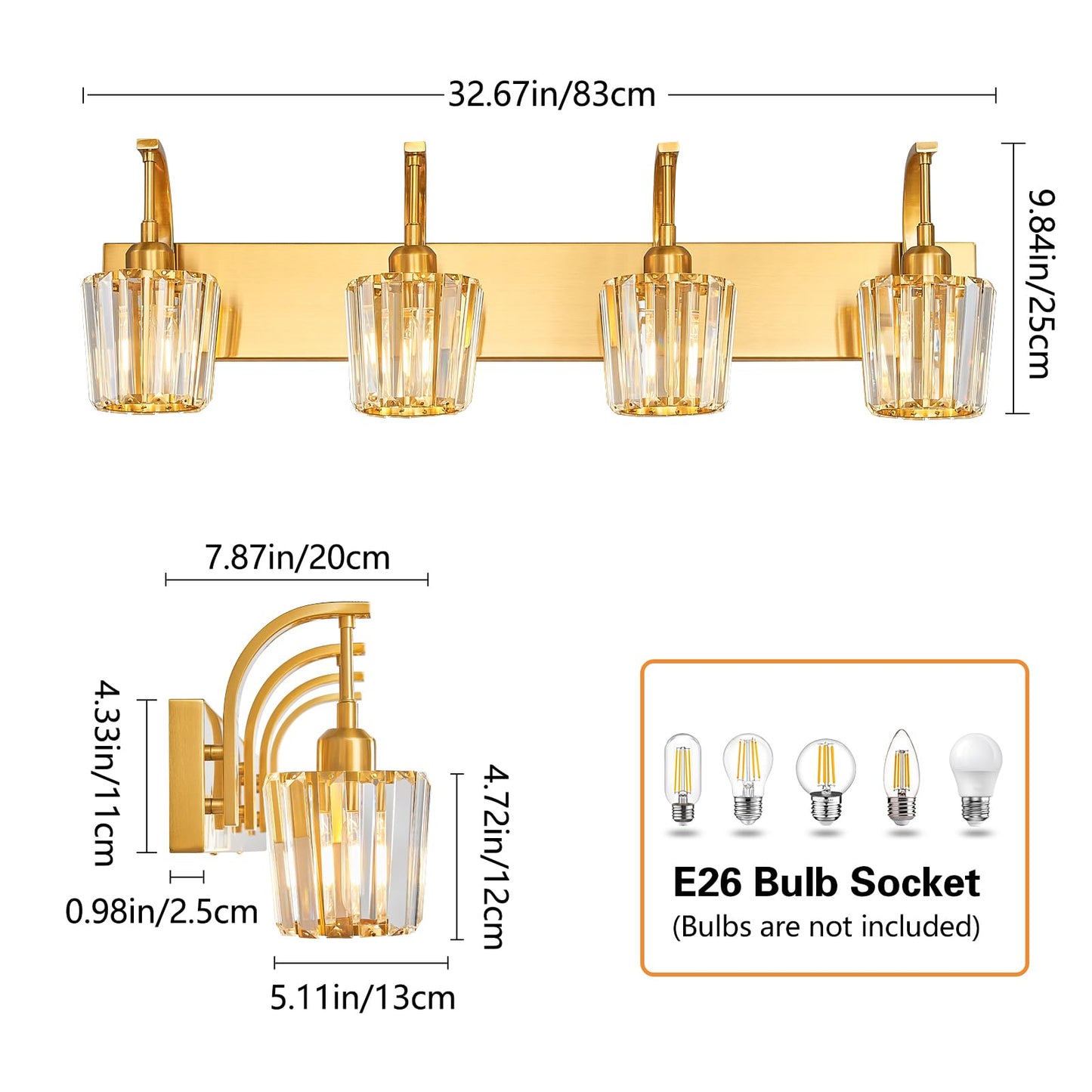Fdpby Modern Bathroom Vanity Light  4-Light Gold Wall Sconce With Crystal Accents  Over Mirror Bathroom Lighting Fixture  32.67 Long Dimmable Vanity Lamp For Makeup  Easy Installation