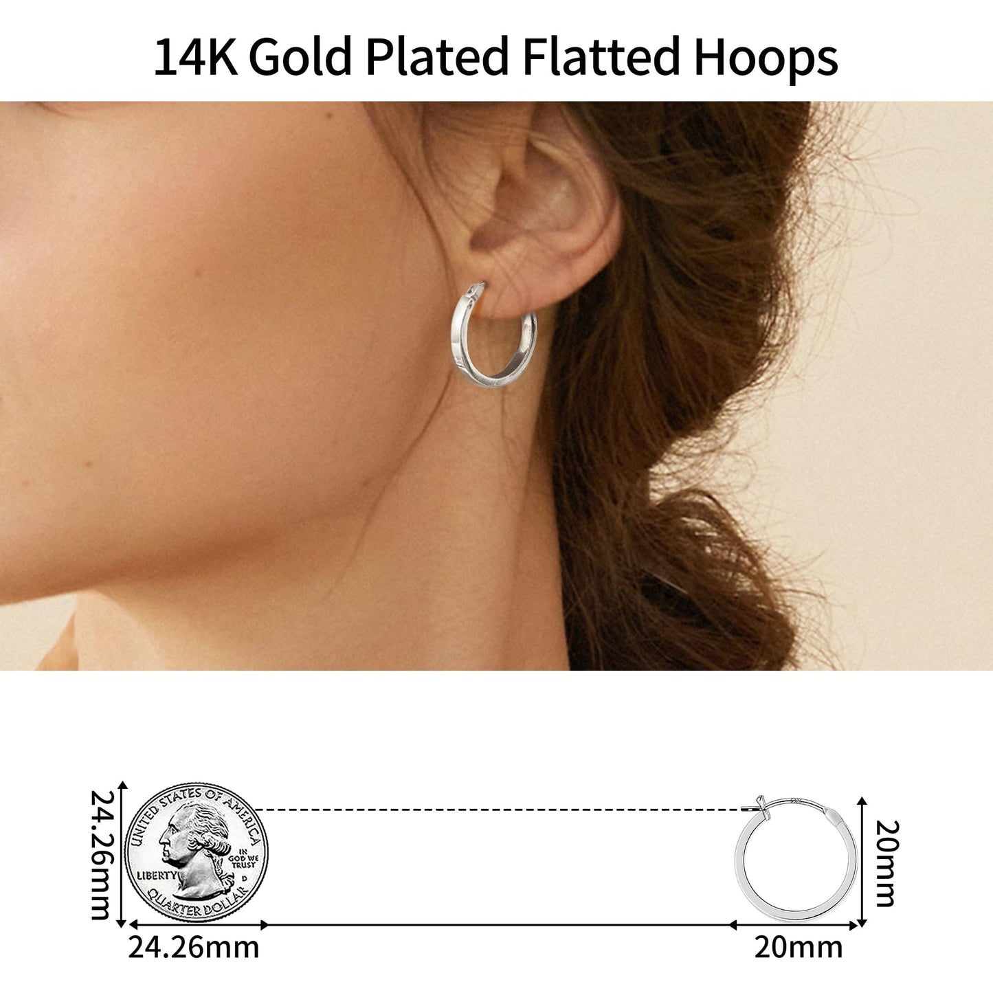 Gacimy Silver Hoop Earrings for Women, 14K White Gold Plated Flatted Hoops with 925 Sterling Silver Post, 20mm Medium Earrings f