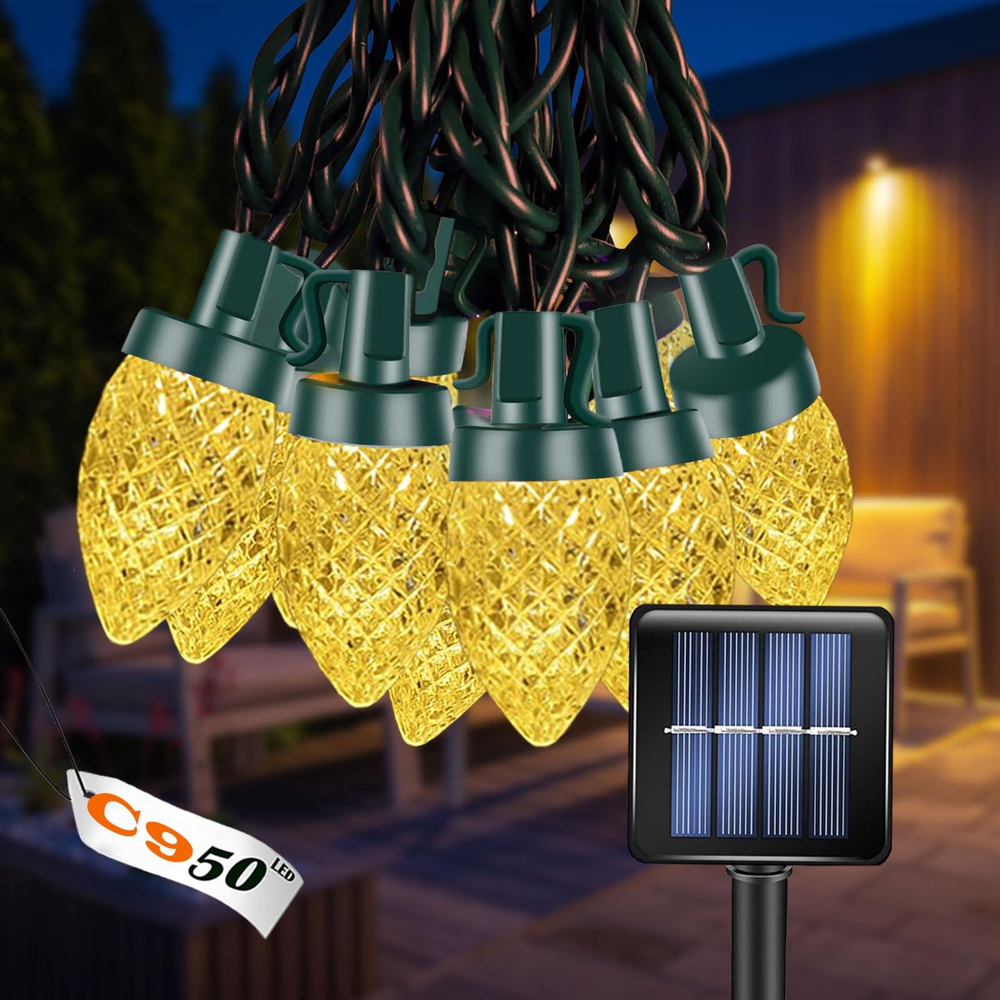 L Lampop C9 Solar Powered Led Christmas String Lights 50 Led Waterproof Strawberry Light With 8 Mode Green Wire Lighting For Outside Patio Wedding Party Decor
