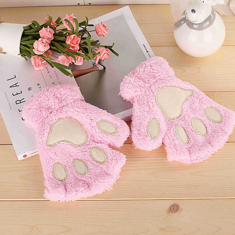 Lifenanny Cute Cat Paw Gloves, Winter Faux Fur Plush Soft Warm Half Finger Cosplay Gloves for Women Girls (Pink)