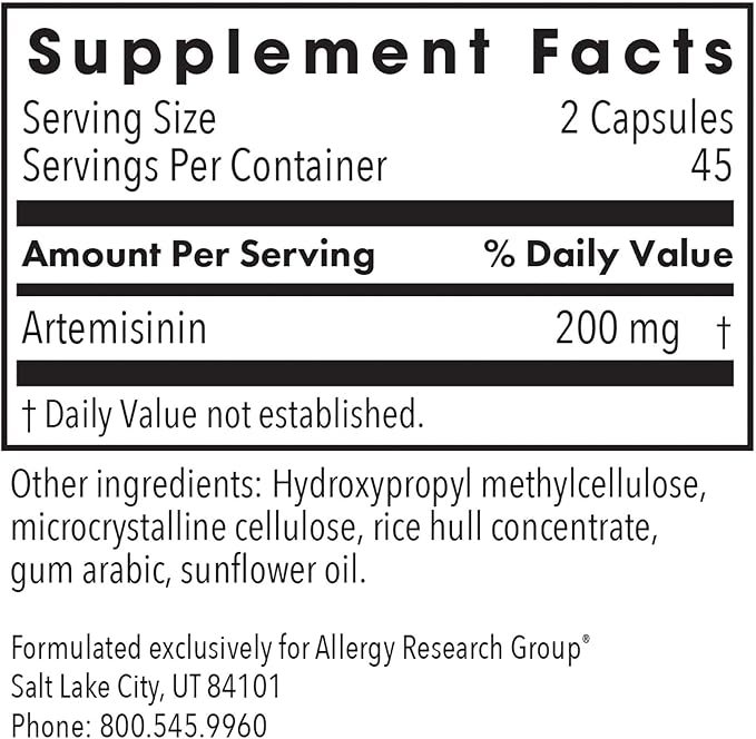 Allergy Research Group Artemisinin Supplement - GI Tract Support, Pure Qinghaosu from Artemisia annua, Thujone-Free, Hypoallergenic, Vegetarian Capsules - 90 Count
