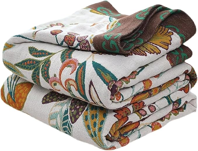 Fall Throw Blanket for Couch Bed Chair, 100% Cotton Muslin Breathable Woven Throws 60''x 80'' Boho Vintage Quilt for All Seasons Warm Lightweight Farmhouse Blankets Home Decoration
