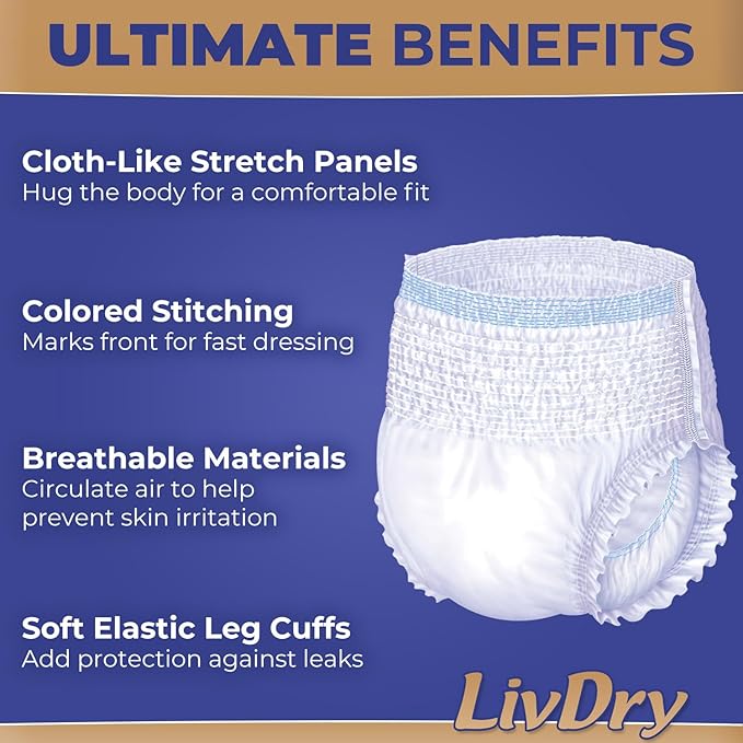 LivDry Ultimate XXL Adult Incontinence Underwear, High Absorbency, Leak Cuff Protection, XX-Large, 44-Pack