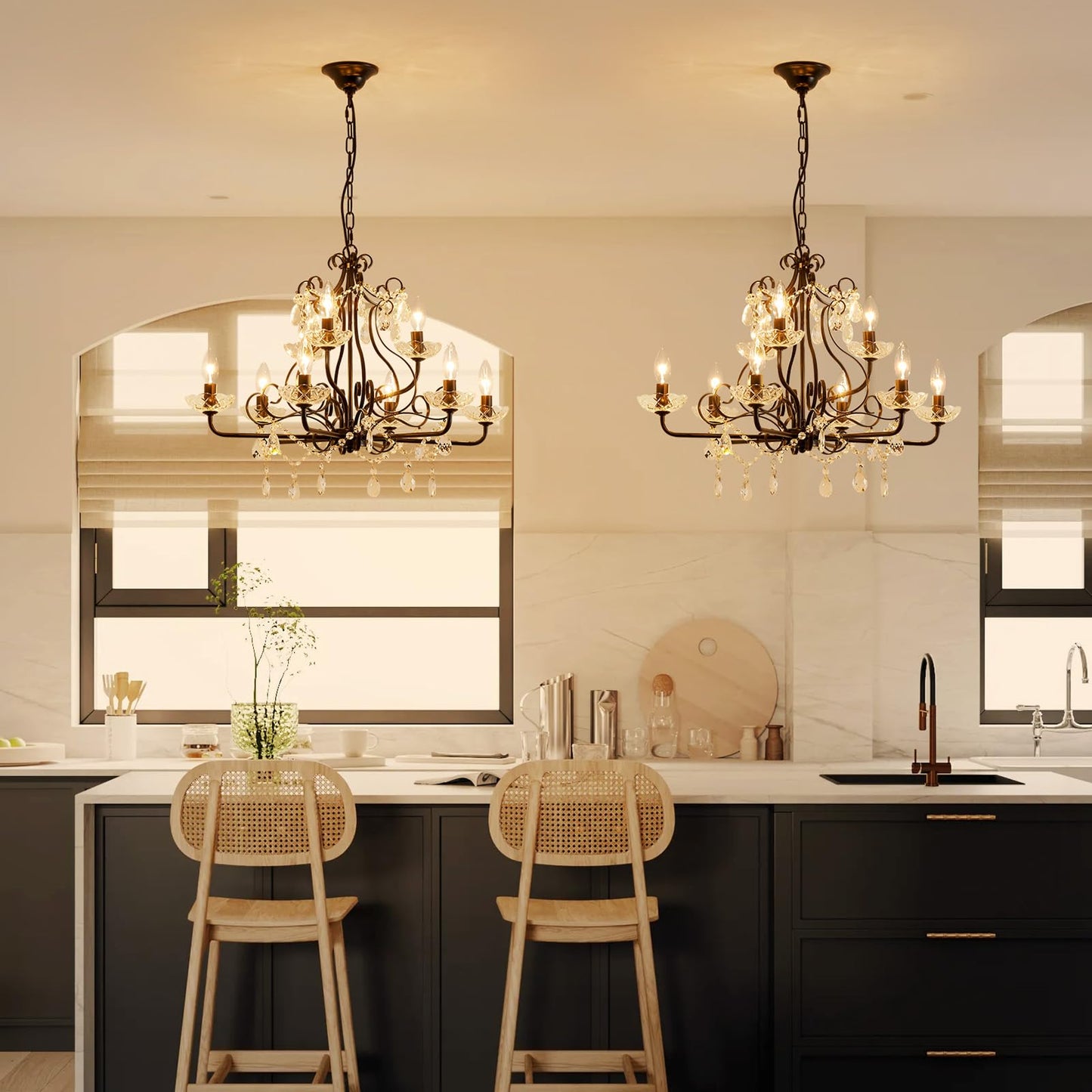 Wuzups 9-Light Crystal Candle Chandelier Pendant Flushmount Ceiling Light Modern Lighting Fixture For Bedroom Hallway Bar Kitchen Bathroom  H 18.1 X W 25.6  Black  E12 Base