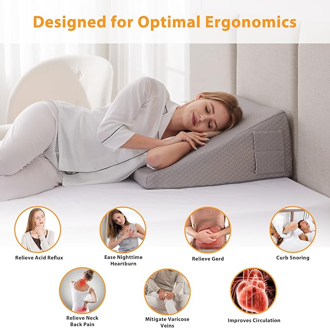Bed Wedge Pillow for Sleeping, 7.5" Wedge Pillows for After Surgery, Soft Memory Foam Top, Triangle Pillow Wedge, Body Positioners for Leg Elevation, Acid Reflux, Gerd, Snoring Relief, Grey