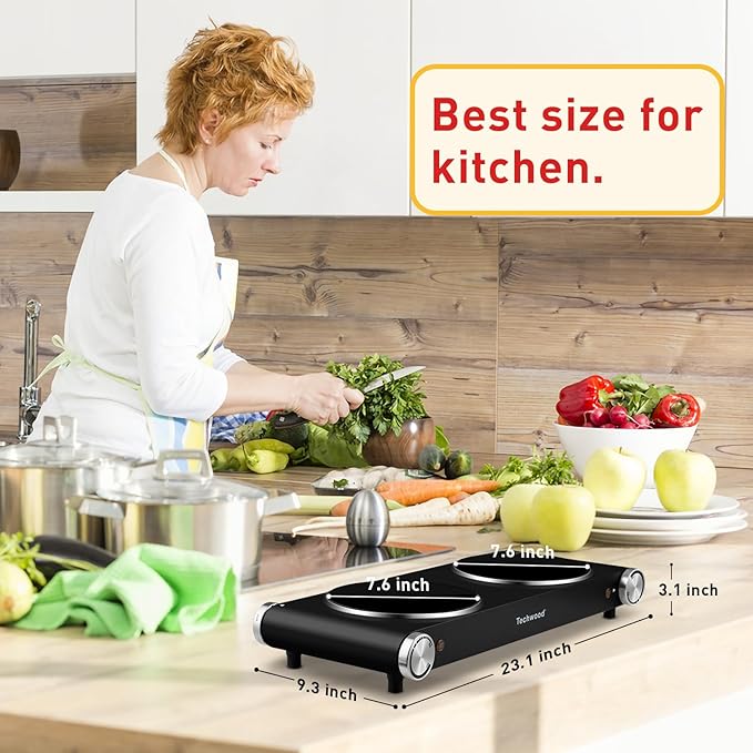 Double Hot Plate, Techwood 1800W Electric Stove for Cooking, Infrared Ceramic Countertop Burner with Dual Adjustable Temperature & Glass Cooktop for Home/RV/Camp, Compatible for All Cookwares, Black