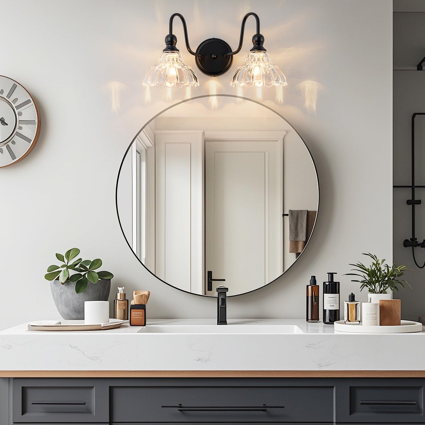 Brknit Vintage Bathroom Light Fixtures Over Mirror  2-Light Black Wall Sconce Lighting With Flower Glass Shade  Farmhouse Vanity Lights For Bedroom Kitchen Living Room Hallway Light
