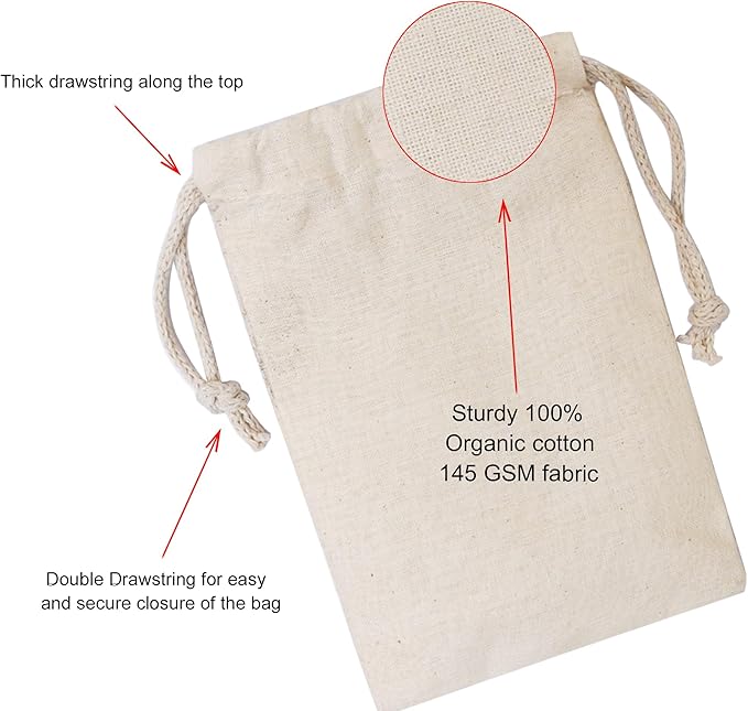 Cotton Muslin Bags, 100% Organic Cotton with Double Drawstring. Premium Quality Reusable Eco-Friendly Natural Muslin Bags. (100, 12x20 Inches)