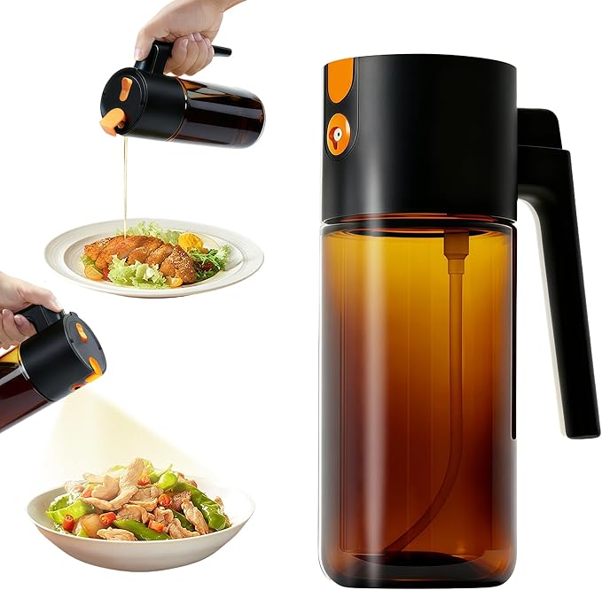 Olive Oil Spray Bottle Dispenser，2-in-1 Glass Material Kitchen Cooking Oil Sprayer，17 oz/500 ml Cooking Spray, Glass Spray Bottle with Tipper, Food Grade Spray for Kitchen, Salad, Frying, Barbecue