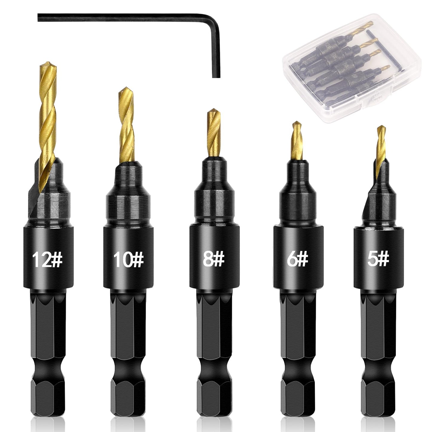 OAOJUBR 5PCS Countersink Drill Bit Set, Professional Brocas para Madera - Adjustable Wooden Drill Bit Set, Used for Wood Countersink Drill Bit with Depth Stop