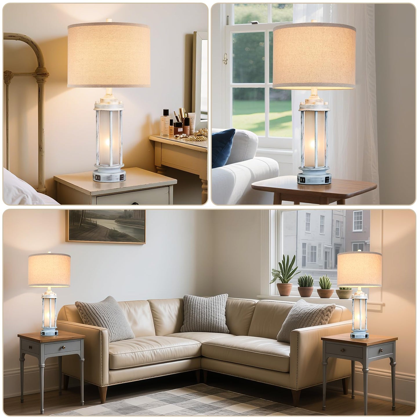AIEAMPDO Rustic Table Lamps Set of 2, Vintage Nightstand Lamps with USB Ports, Antique White, 25in - Model VAR-8882-XFH