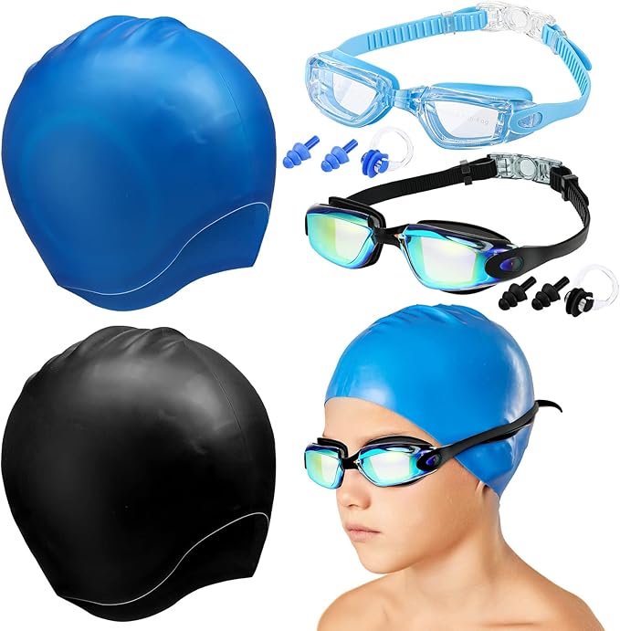 4 Pack Swim Caps for Kids Swimming Cap and Goggles for Boys Girls Silicone Swim Bath Hats with Ear Plugs Nose Clip for Sho...