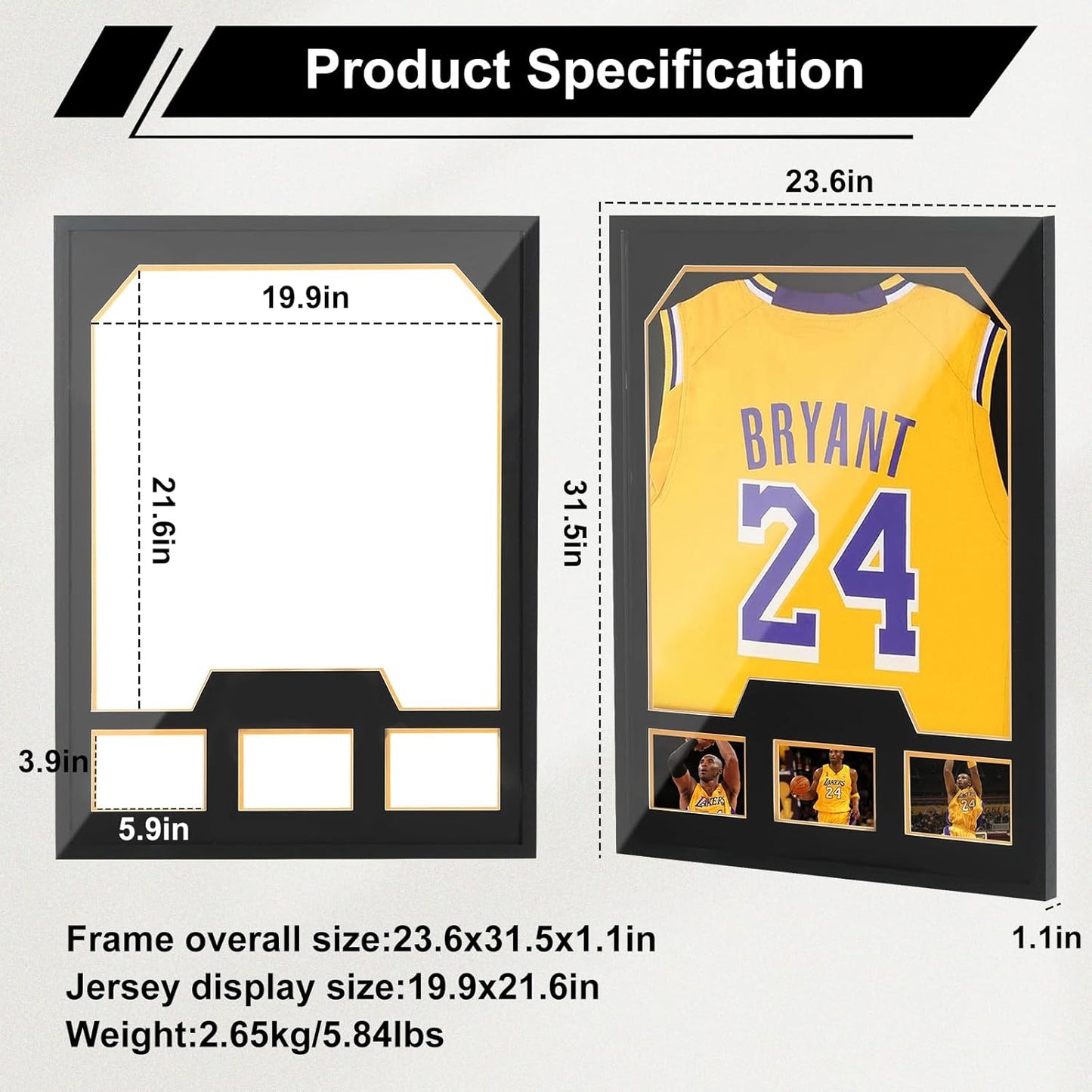 Nice C Jersey Frame Display Cases, Jersey Frame with Picture Slots, Jersey Shadow Box Display Case, 98% UV Protection, Football, Basketball (1 Pack, Black&Gold)