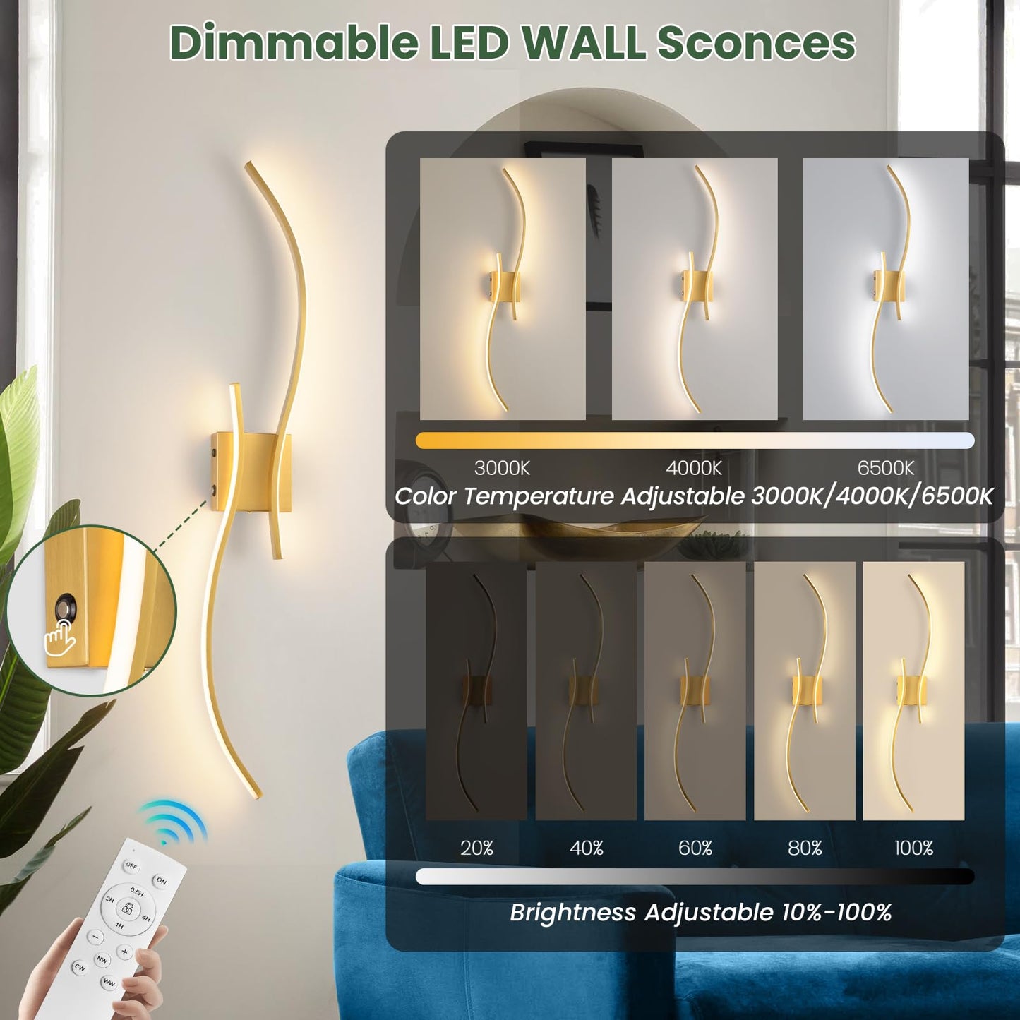 CANEOE Wall Sconce Set of 2, 18000mAh Rechargeable LED Lights, Dimmable 3000K-6000K, 39.37 Inch, Gold,