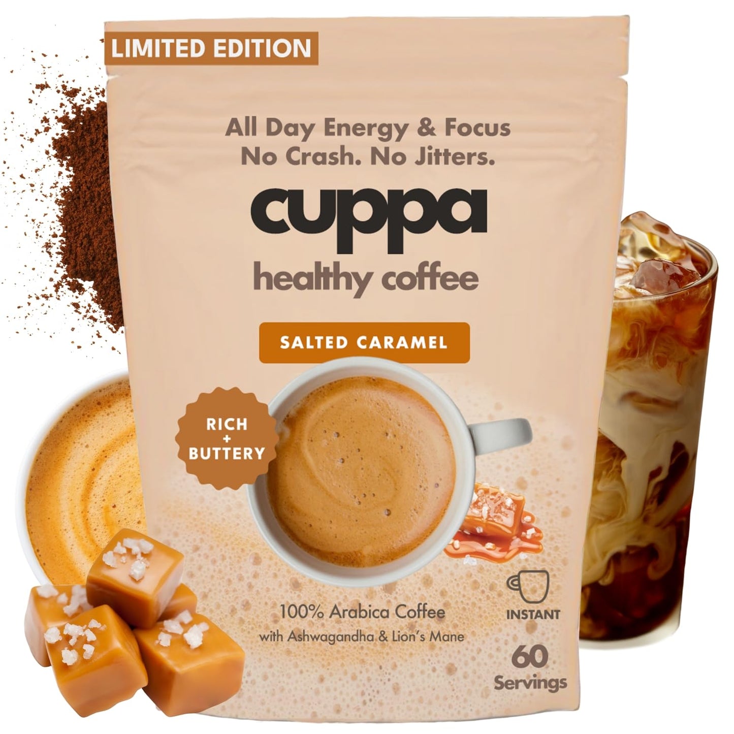 Cuppa Salted Caramel Healthy Mushroom Insant Coffee with Lions Mane & Ashwagandha for All Day Energy & Focus - No Crash or Jitters - Nootropics for Brain Health  Gut Health  Immunity  Stress  Memory + Mood - 60 Servings