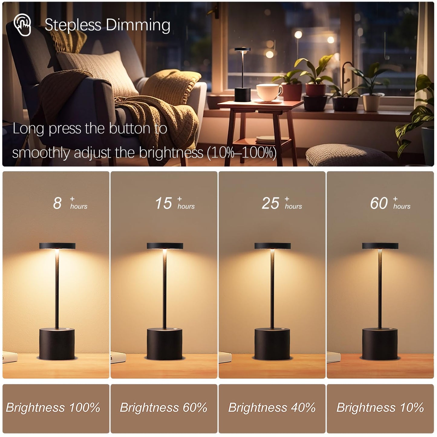 Barryca Cordless LED Table Lamp, Rechargeable, USB 5000mAh Battery, Dimmable, 2Pack, Black