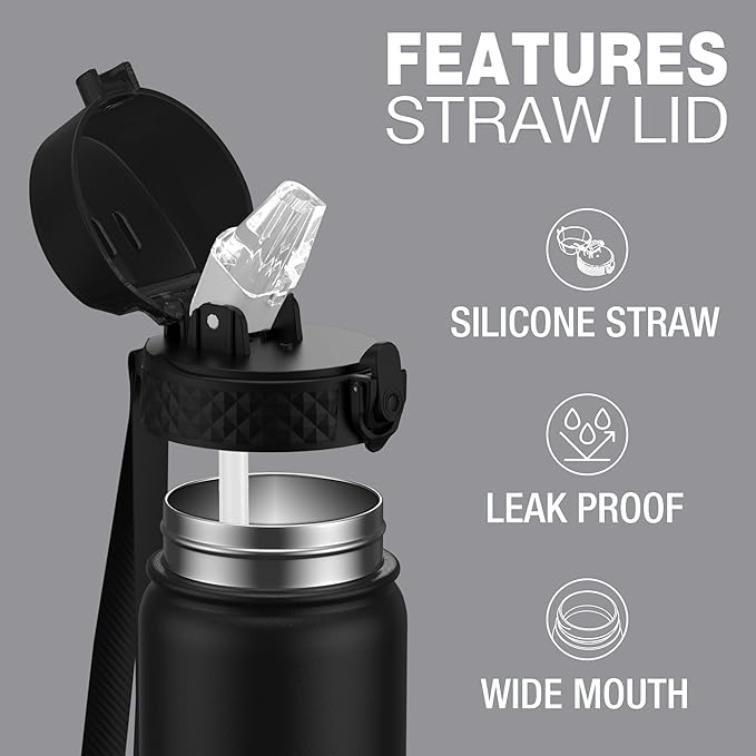 Kids Water Bottle, GOPPUS 18 Oz Stainless Steel Travel Bottle, Double Wall Vacuum Leak Proof Kids Cup for School Boys Girls, Black