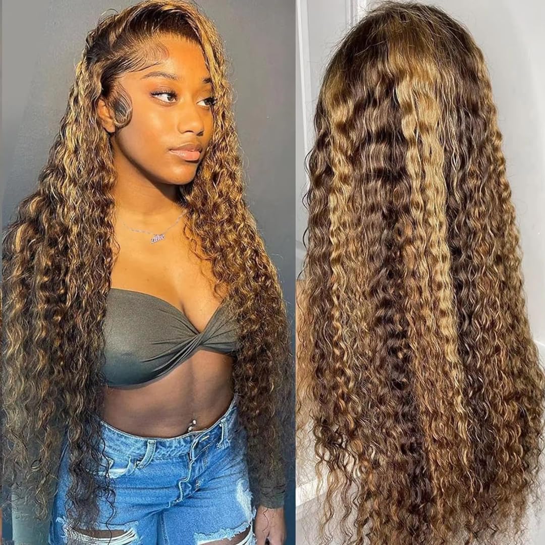 KFgood Ombre Lace Front Wig Human Hair 22inch Highlight 13x4 HD Deep Wave Wig Human Hair 200% Density 4/27 Colored Honey Blonde