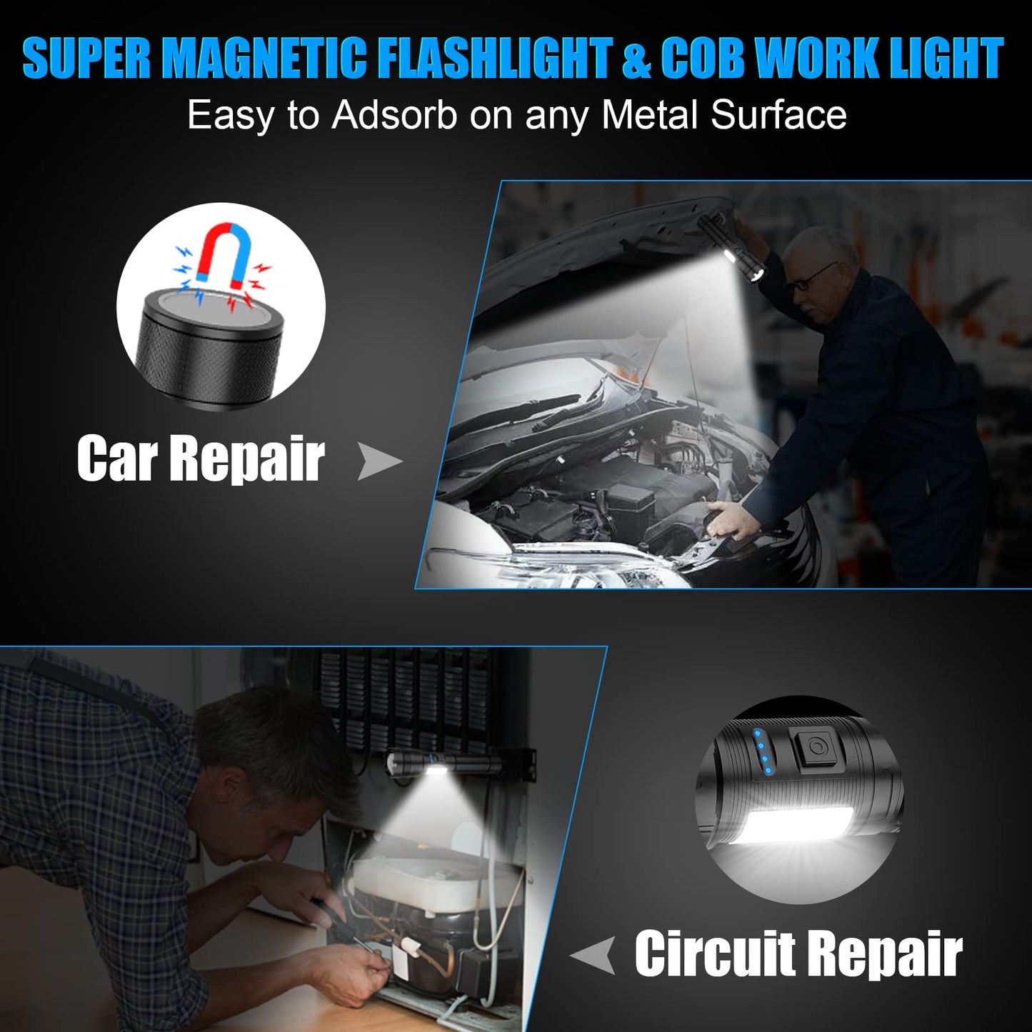 Banral Rechargeable Magnetic Flashlight, High Lumens, Zoomable, 7 Modes, IPX7 Waterproof, Aluminum, T035, 2 Pack