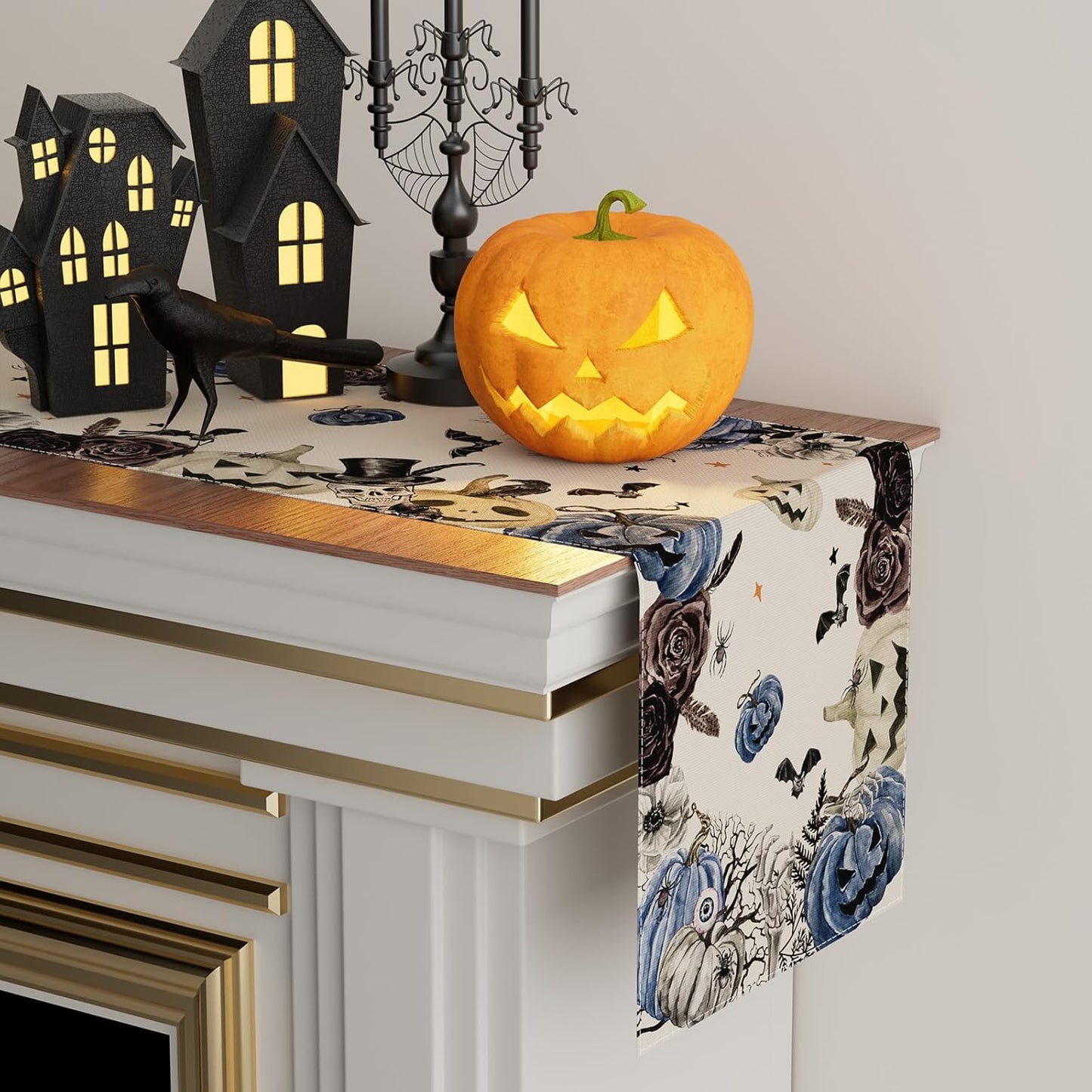 XCHI Spooky Blue Pumpkin Halloween Table Runner Party Table Decoration for Home Kitchen Dining Holiday Decor 13x120 Inch